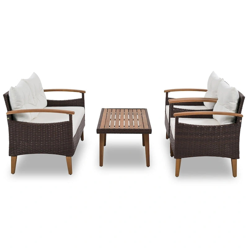 Ensemble de mobilier de jardin 4 pièces, Salon de jardin, Ensemble de canapés d'extérieur en rotin PE, Table et pieds en bois