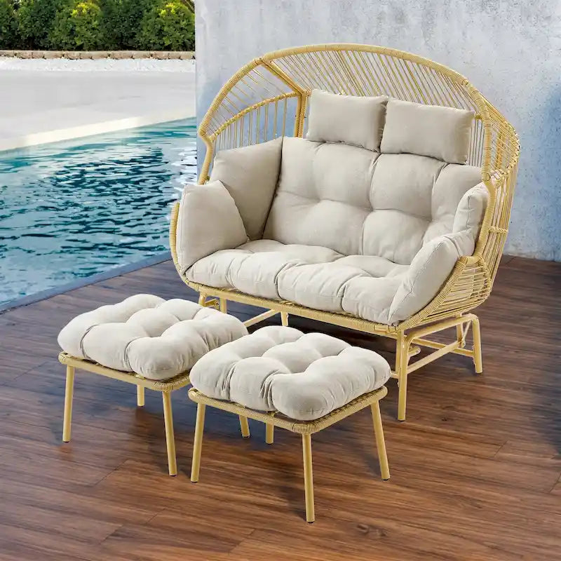 Chaises berçantes de salon de jardin avec poufs - Jaune