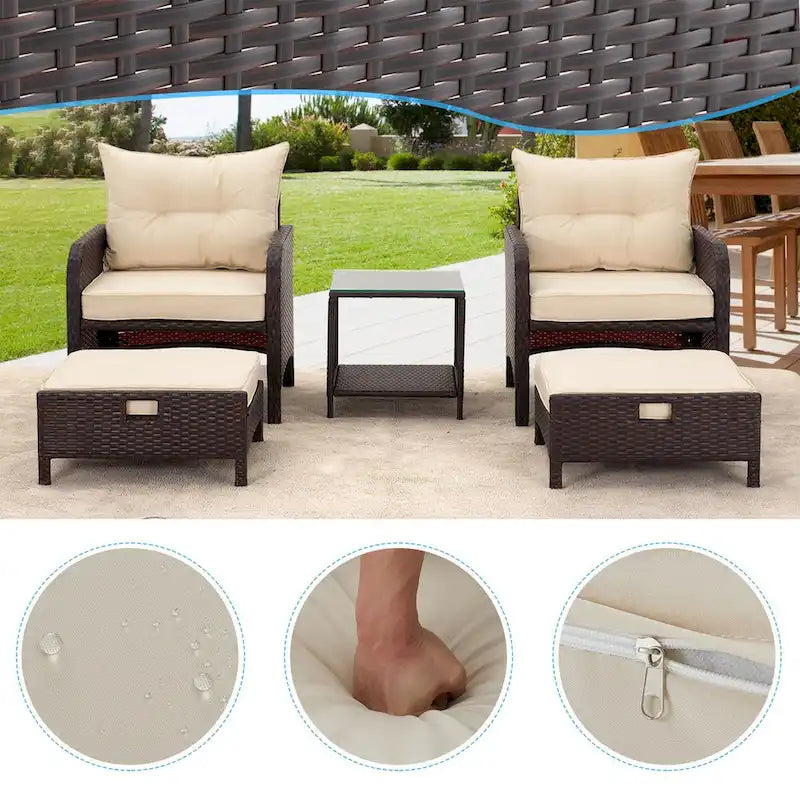 AVAWING Ensemble de conversation 5 pièces en rotin osier couleur kaki avec table ottomane