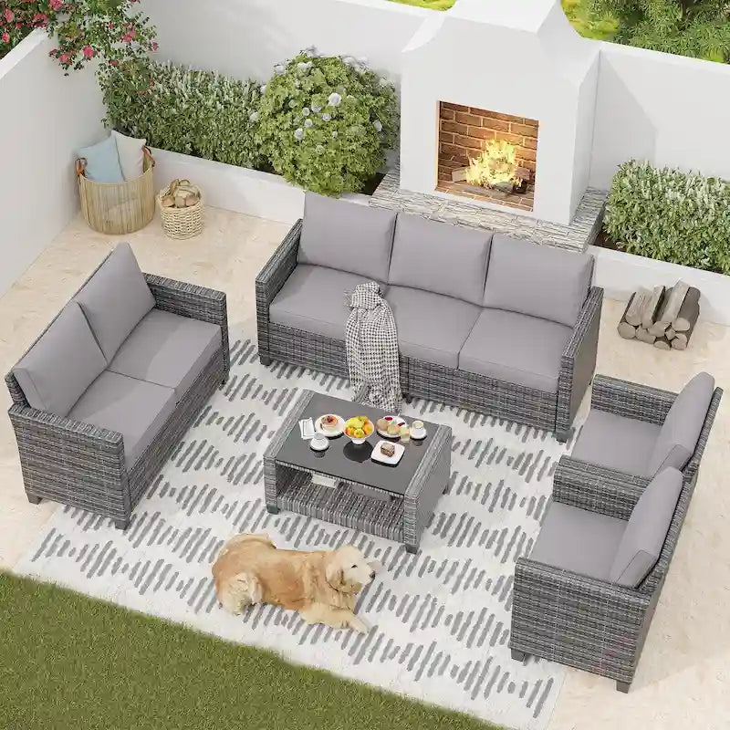 Ensemble de meubles de patio en rotin 5 pièces, canapé sectionnel d'extérieur 7 places avec table de rangement