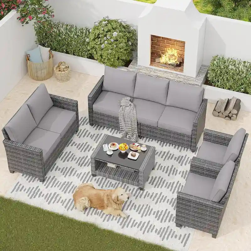 Ensemble de meubles de patio en rotin 5 pièces, canapé sectionnel d'extérieur 7 places avec table de rangement