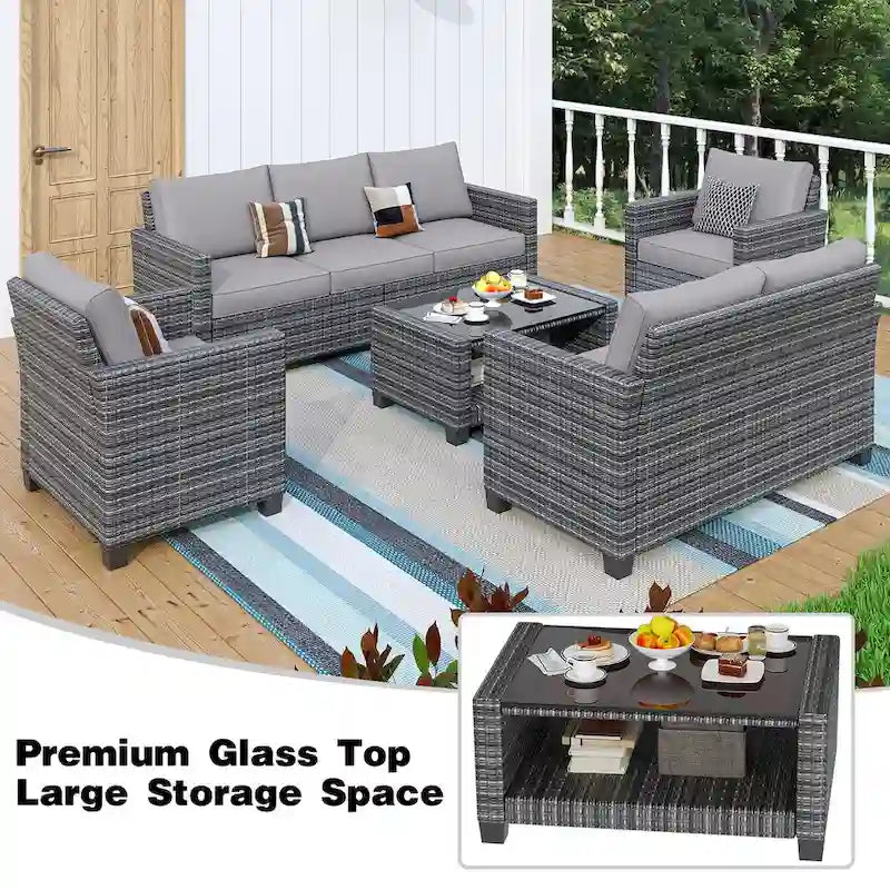 Ensemble de meubles de patio en rotin 5 pièces, canapé sectionnel d'extérieur 7 places avec table de rangement