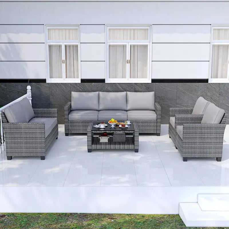 Ensemble de meubles de patio en rotin 5 pièces, canapé sectionnel d'extérieur 7 places avec table de rangement
