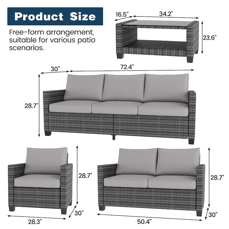 Ensemble de meubles de patio en rotin 5 pièces, canapé sectionnel d'extérieur 7 places avec table de rangement