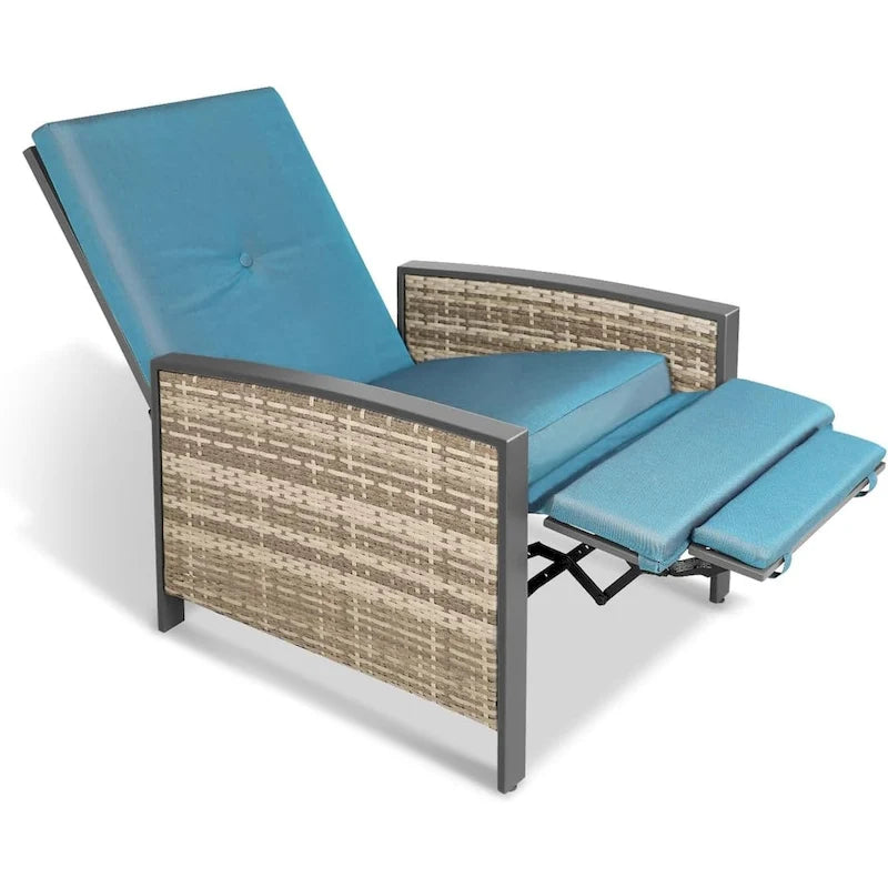 Grey PE Wicker Outdoor Lounge Chair Recliner with Push Back and Blue Cushion