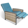Grey PE Wicker Outdoor Lounge Chair Recliner with Push Back and Blue Cushion