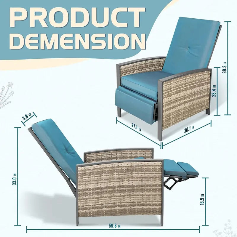 Chaise longue de jardin inclinable en osier PE gris avec dossier poussoir et coussin bleu