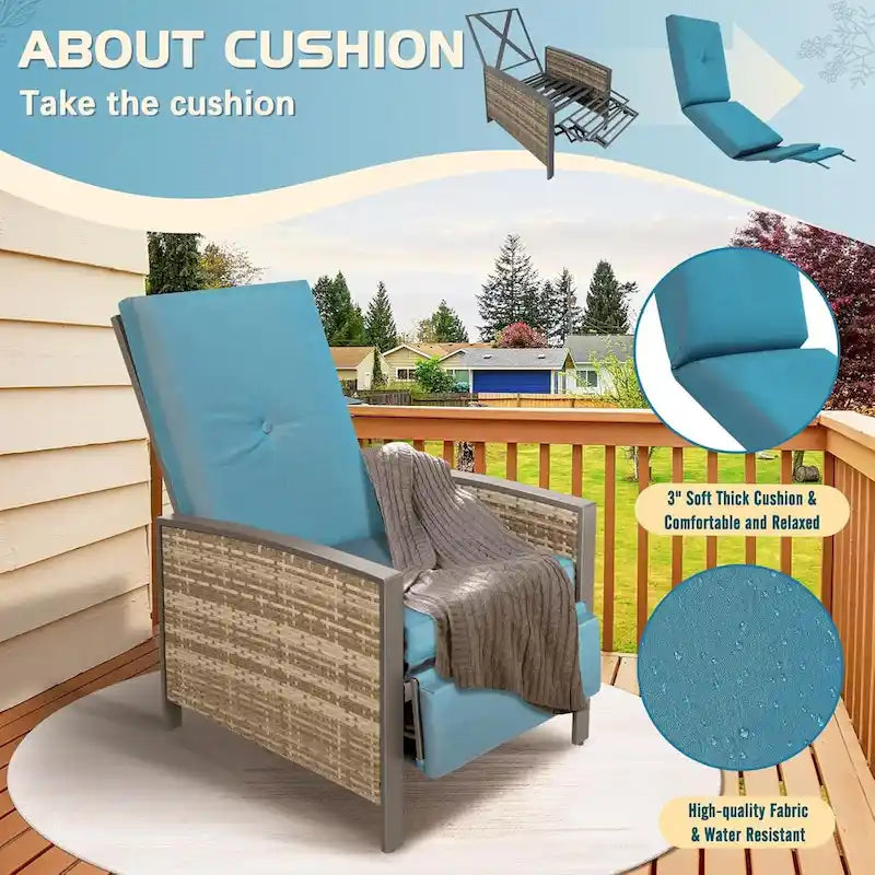 Chaise longue de jardin inclinable en osier PE gris avec dossier poussoir et coussin bleu