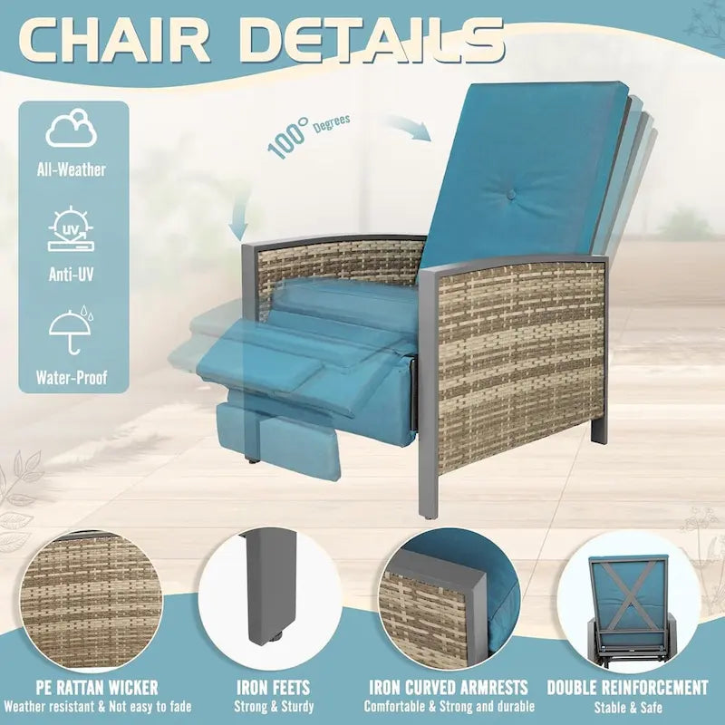 Chaise longue de jardin inclinable en osier PE gris avec dossier poussoir et coussin bleu