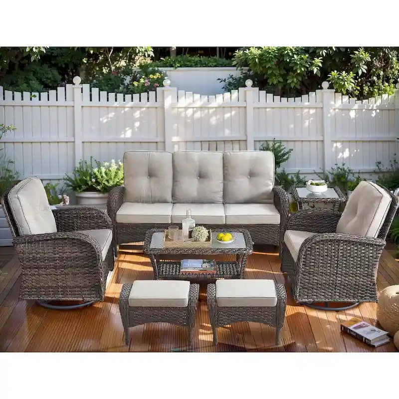 Canapé d'extérieur 7 places avec fauteuils pivotants et poufs - Marron