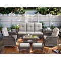 Canapé d'extérieur 7 places avec fauteuils pivotants et poufs - Marron