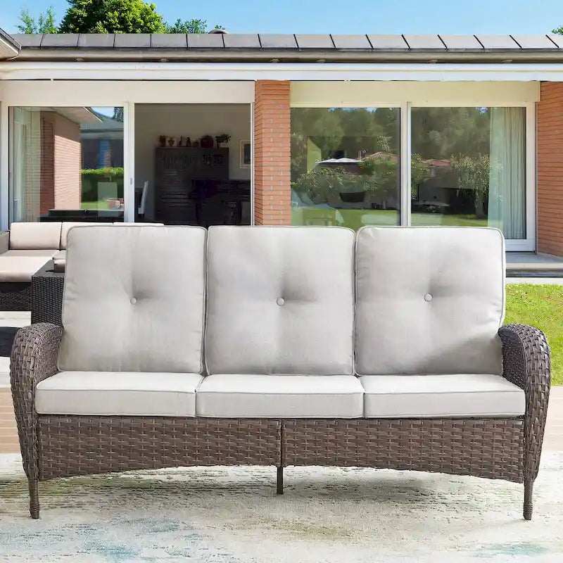 Canapé d'extérieur 7 places avec fauteuils pivotants et poufs - Marron