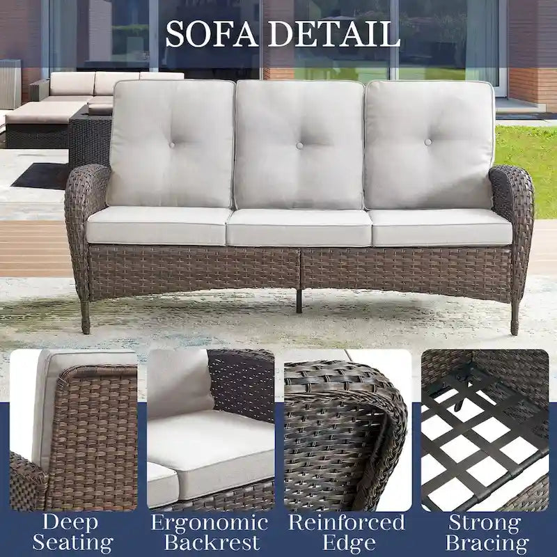 Canapé d'extérieur 7 places avec fauteuils pivotants et poufs - Marron