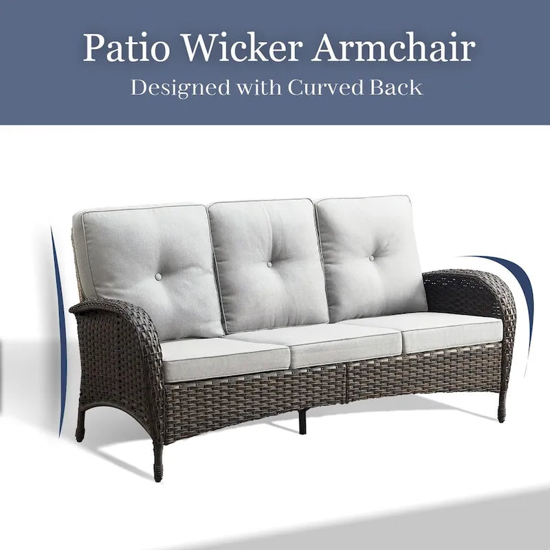 Canapé d'extérieur 7 places avec fauteuils pivotants et poufs - Marron