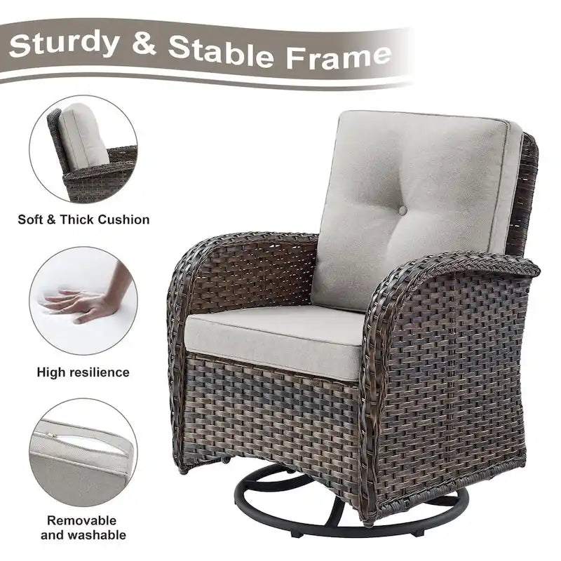 Canapé d'extérieur 7 places avec fauteuils pivotants et poufs - Marron