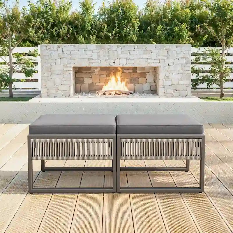 PE Wicker Steel Frame Outdoor Footstool - Light Gray