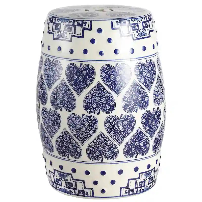 Tabouret de jardin Happy Hearts 17.8 en céramique chinoiserie, bleu