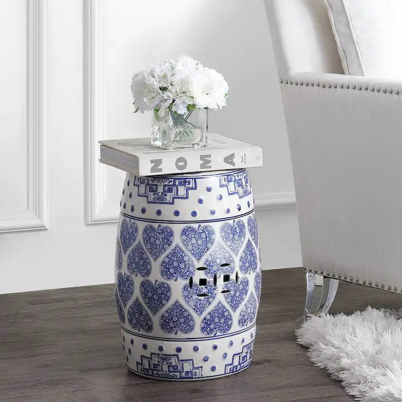 Happy Hearts 17.8 Chinoiserie Ceramic Drum Garden Stool, Blue