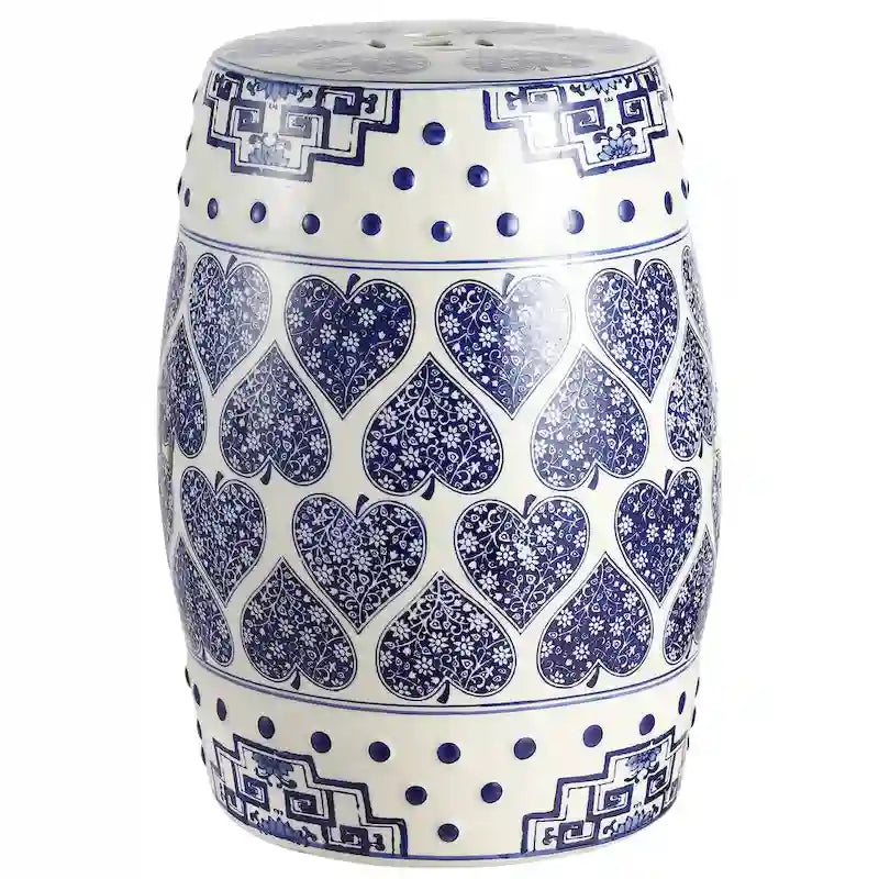 Tabouret de jardin Happy Hearts 17.8 en céramique chinoiserie, bleu