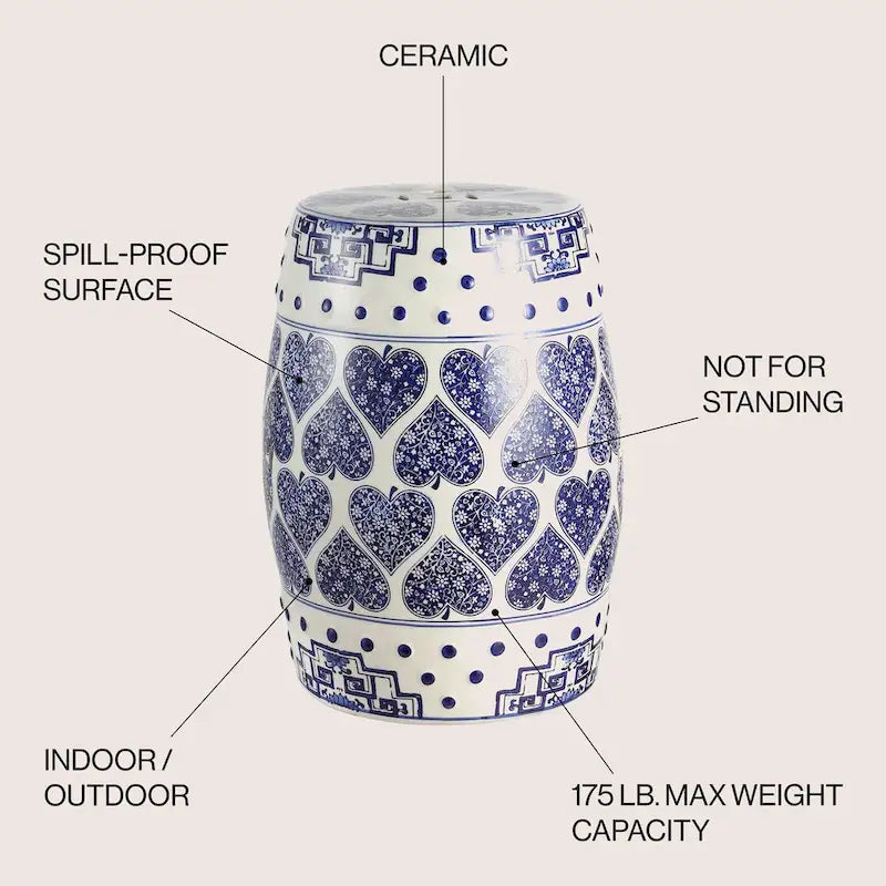 Tabouret de jardin Happy Hearts 17.8 en céramique chinoiserie, bleu