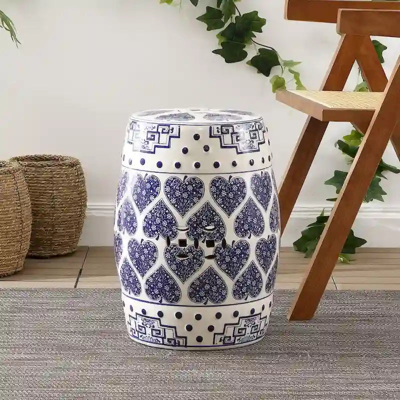 Tabouret de jardin Happy Hearts 17.8 en céramique chinoiserie, bleu