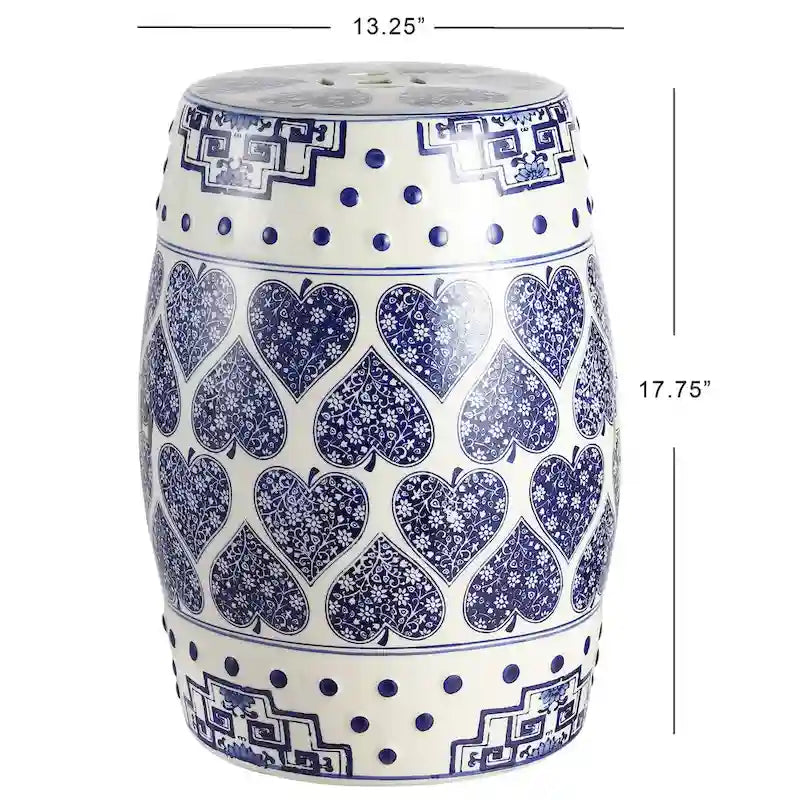 Tabouret de jardin Happy Hearts 17.8 en céramique chinoiserie, bleu