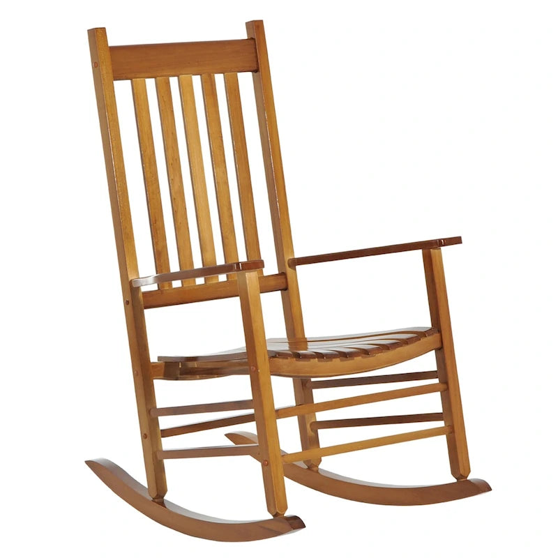 Chaise berçante d'extérieur en bois avec accoudoirs lisses et dossier haut