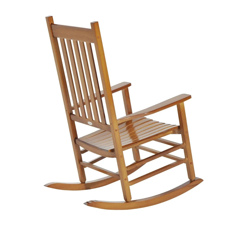 Chaise berçante d'extérieur en bois avec accoudoirs lisses et dossier haut