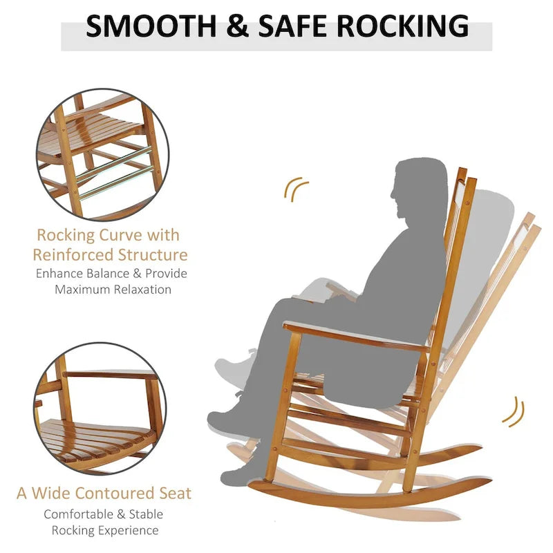 Chaise berçante d'extérieur en bois avec accoudoirs lisses et dossier haut