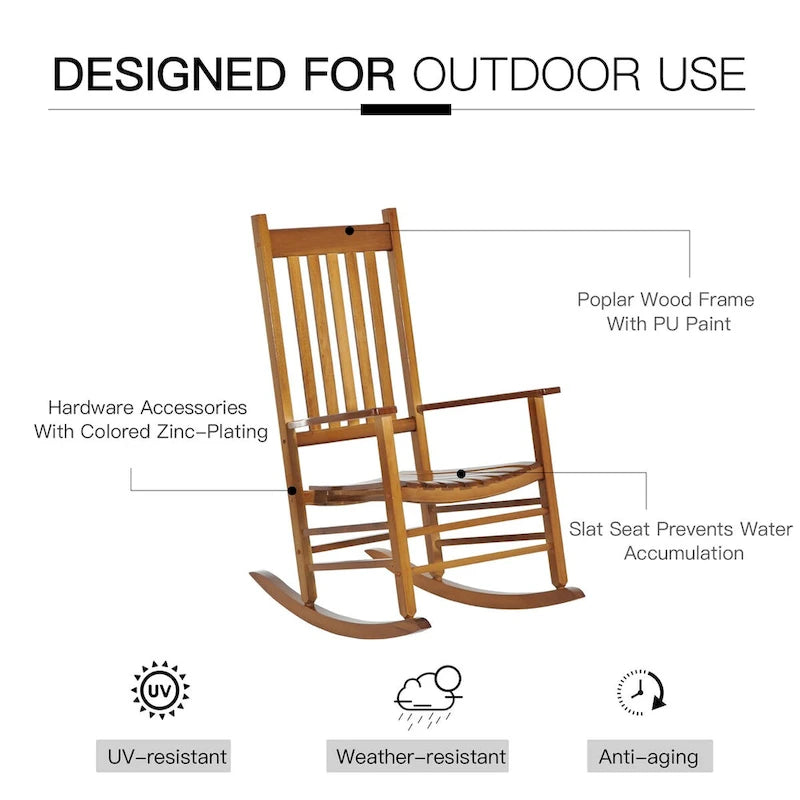 Chaise berçante d'extérieur en bois avec accoudoirs lisses et dossier haut