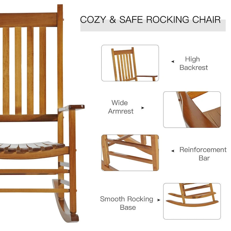 Chaise berçante d'extérieur en bois avec accoudoirs lisses et dossier haut