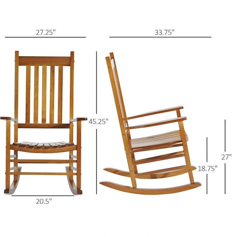 Chaise berçante d'extérieur en bois avec accoudoirs lisses et dossier haut
