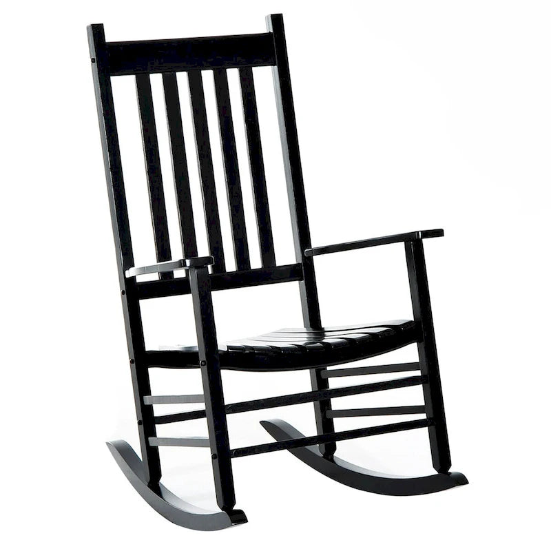 Chaise berçante d'extérieur en bois avec accoudoirs lisses et dossier haut