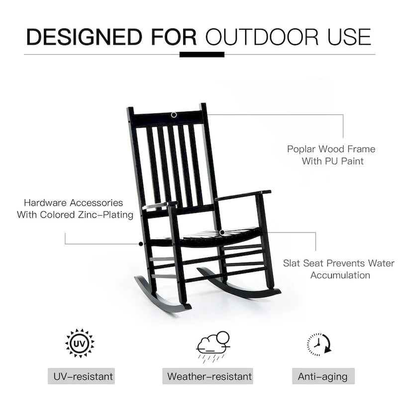 Chaise berçante d'extérieur en bois avec accoudoirs lisses et dossier haut