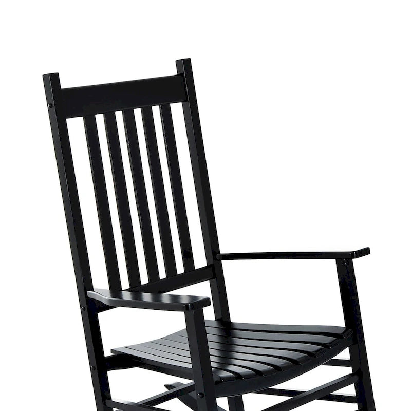Chaise berçante d'extérieur en bois avec accoudoirs lisses et dossier haut