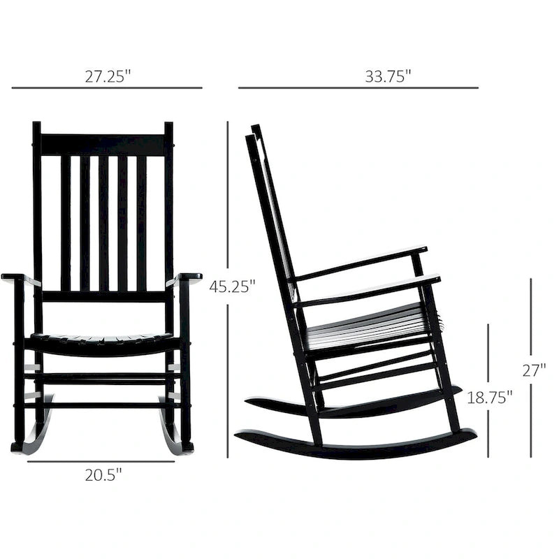 Chaise berçante d'extérieur en bois avec accoudoirs lisses et dossier haut