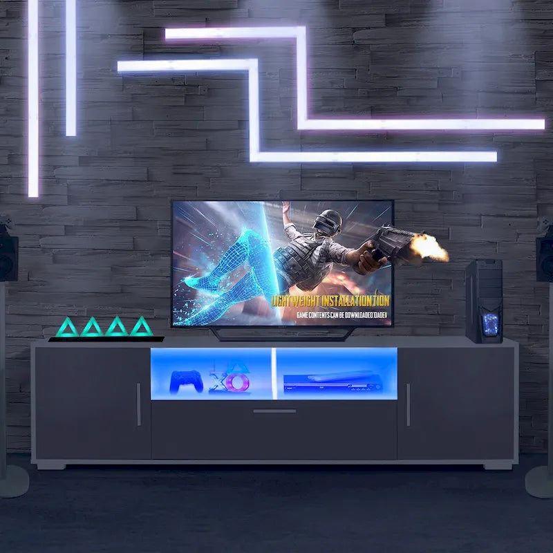 Meuble TV, meuble de divertissement, console TV avec ceinture lumineuse LED, ceinture lumineuse contrôlable à distance