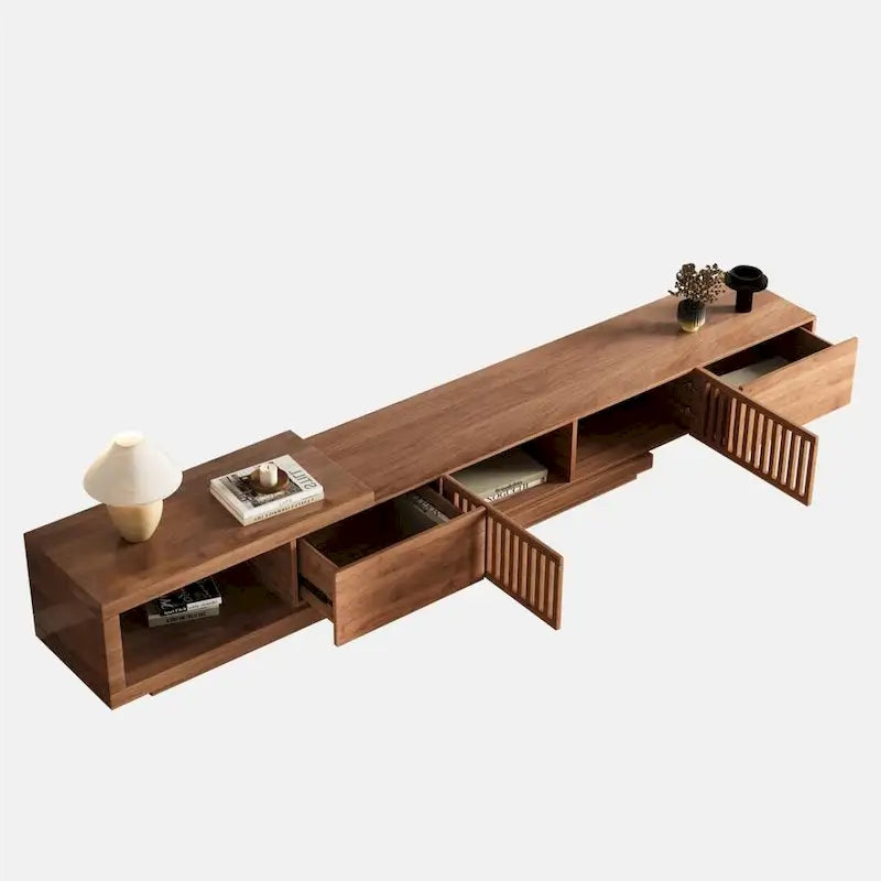 Meuble TV moderne extensible jusqu'à 261 cm avec 5 espaces de rangement – 261 L x 40 P x 35 H cm
