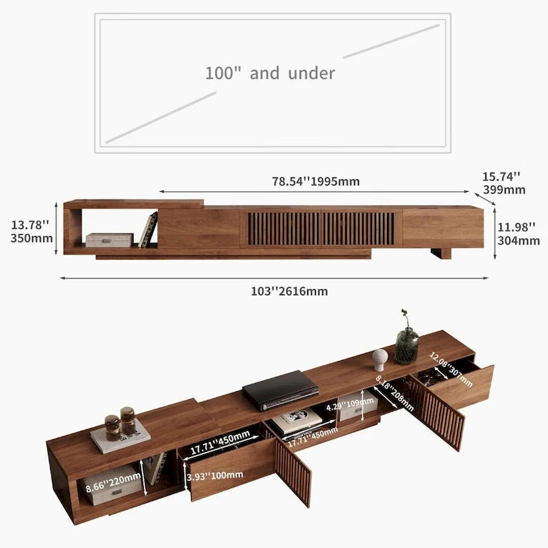 Meuble TV moderne extensible jusqu'à 261 cm avec 5 espaces de rangement – 261 L x 40 P x 35 H cm