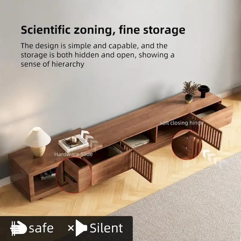 Meuble TV moderne extensible jusqu'à 261 cm avec 5 espaces de rangement – 261 L x 40 P x 35 H cm