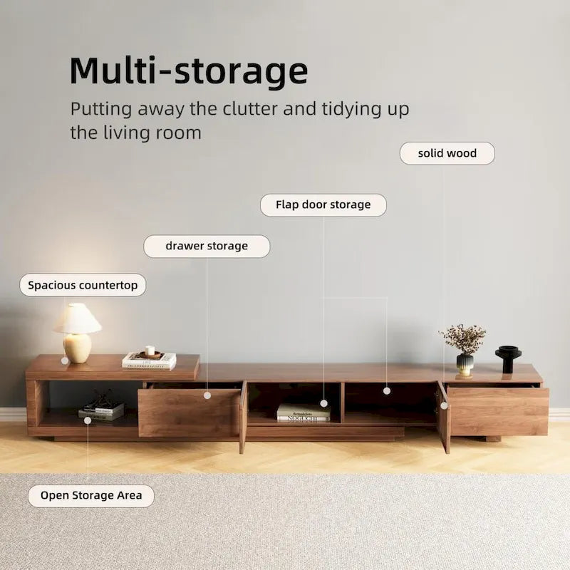 Meuble TV moderne extensible jusqu'à 261 cm avec 5 espaces de rangement – 261 L x 40 P x 35 H cm