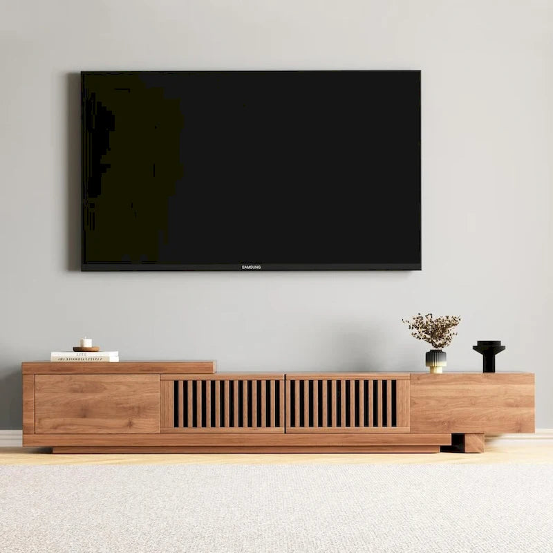 Meuble TV moderne extensible jusqu'à 261 cm avec 5 espaces de rangement – 261 L x 40 P x 35 H cm