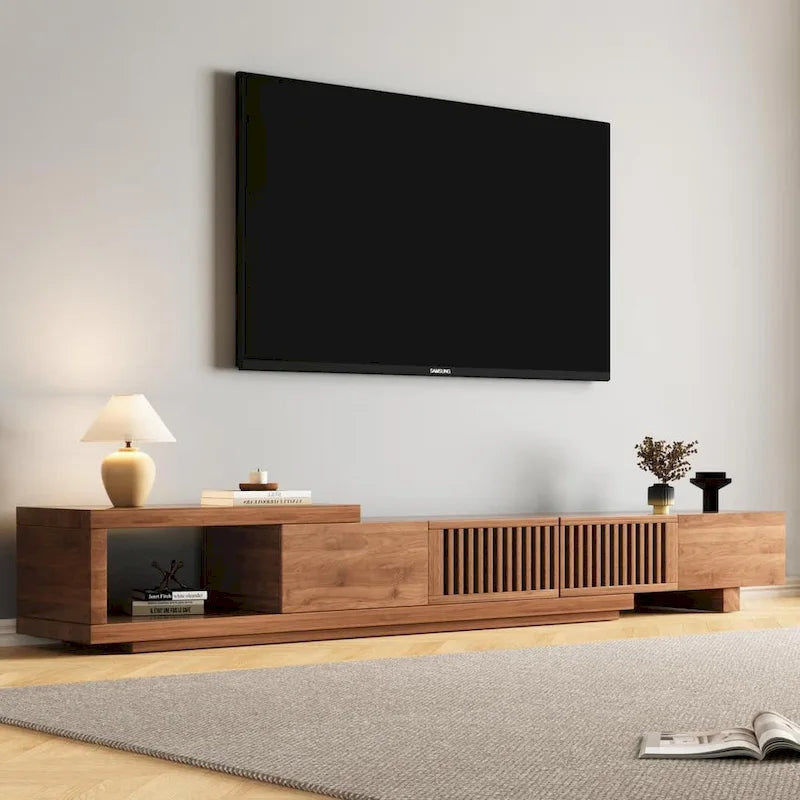 Meuble TV moderne extensible jusqu'à 261 cm avec 5 espaces de rangement – 261 L x 40 P x 35 H cm