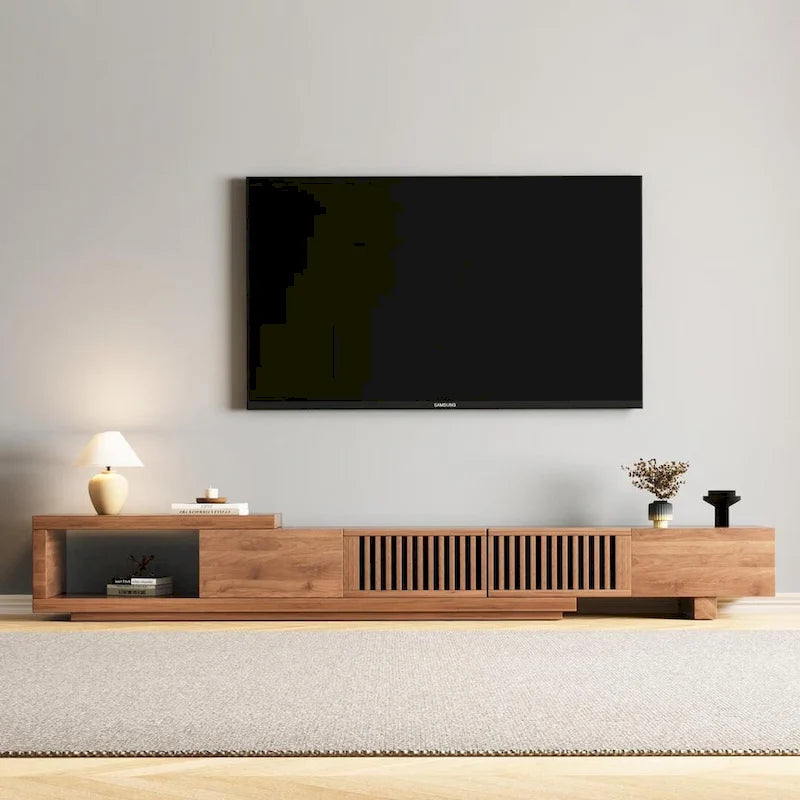 Meuble TV moderne extensible jusqu'à 261 cm avec 5 espaces de rangement – 261 L x 40 P x 35 H cm