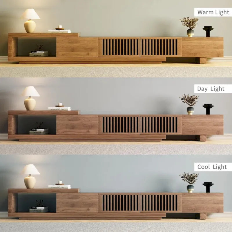 Meuble TV moderne extensible jusqu'à 261 cm avec 5 espaces de rangement – 261 L x 40 P x 35 H cm