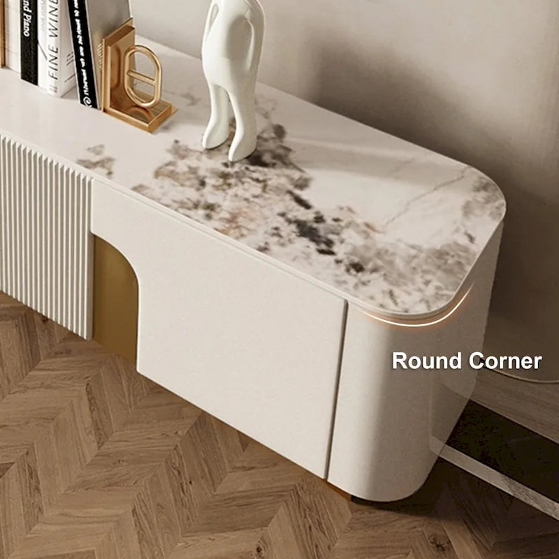 Meuble TV de 200 cm avec 3 tiroirs, couleur blanche, plateau en pierre frittée - 200 cm