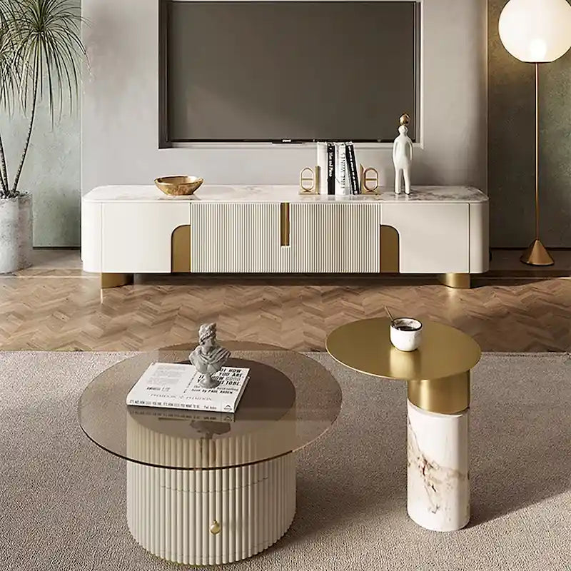 Meuble TV de 200 cm avec 3 tiroirs, couleur blanche, plateau en pierre frittée - 200 cm