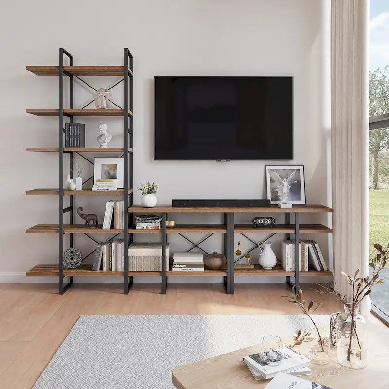 Meuble TV et bibliothèque 6 niveaux Lotus Home coloris Noyer Antiqué - 106,3 x 14 x 85 pouces