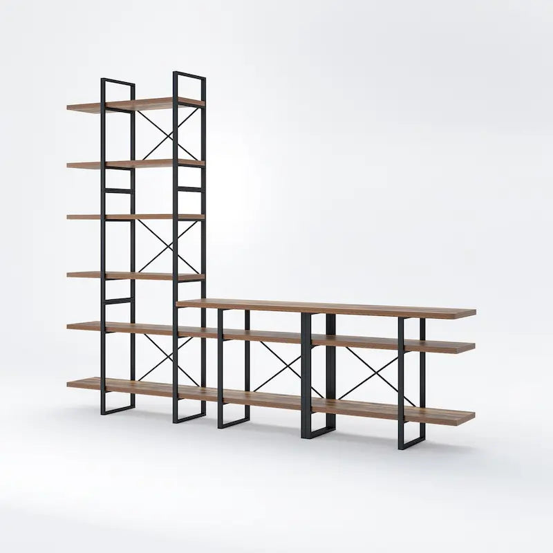 Meuble TV et bibliothèque 6 niveaux Lotus Home coloris Noyer Antiqué - 106,3 x 14 x 85 pouces