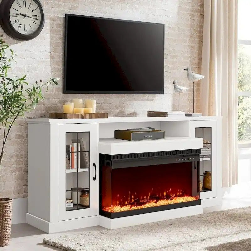Meuble TV Erommy avec étagères en verre réglables et cheminée électrique intégrée - 70